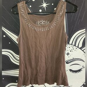 Embellished Brown Tank Top with Rhinestone Trim
